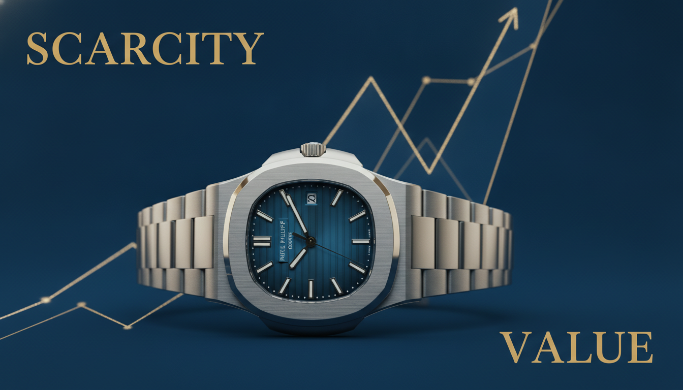 A hyper-realistic, detailed Patek Philippe Nautilus luxury sports watch with a subtle gleam, placed against an abstract, deep blue and gold background that evokes both exclusivity and market graphs showing a sharp upward trend. Text overlay: 'SCARCITY' and 'VALUE' in elegant, large fonts. Focus on classic, non-futuristic style.