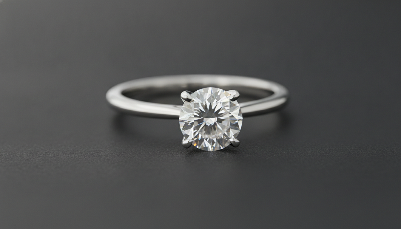 A finished solitaire diamond ring in a polished platinum setting resting on a da