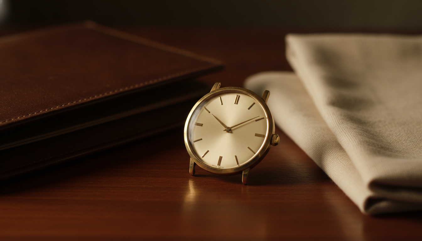Vintage gold-tone dress watch on a dark mahogany surface beside a folded cream c