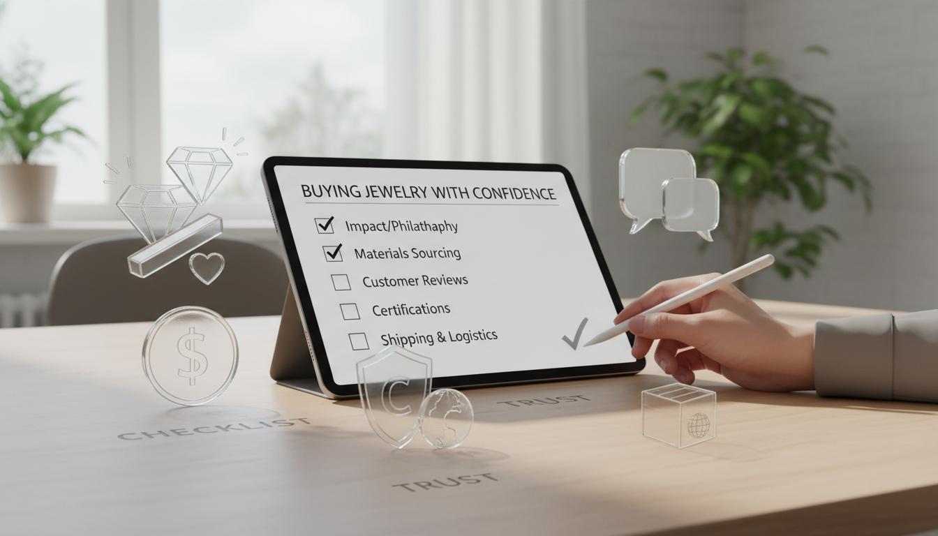 A visual representation of a checklist. A hand is checking off items on a paper or digital list. Around the checklist, small, clear icons represent key aspects of buying jewelry with confidence: a coin with a dollar sign for impact/philanthropy, a silver bar or a diamond for materials, speech bubbles for reviews, a badge for certifications, and a shipping box for logistics. The scene is bright and organized, conveying clarity and trustworthiness. Keywords: CHECKLIST, TRUST.