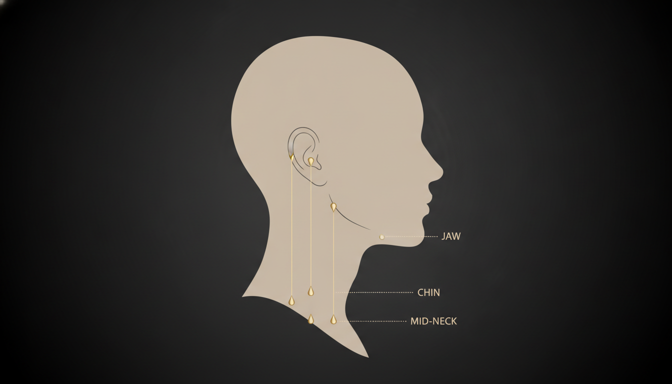 Minimalist side-profile silhouette with three gold lines marking where earring d