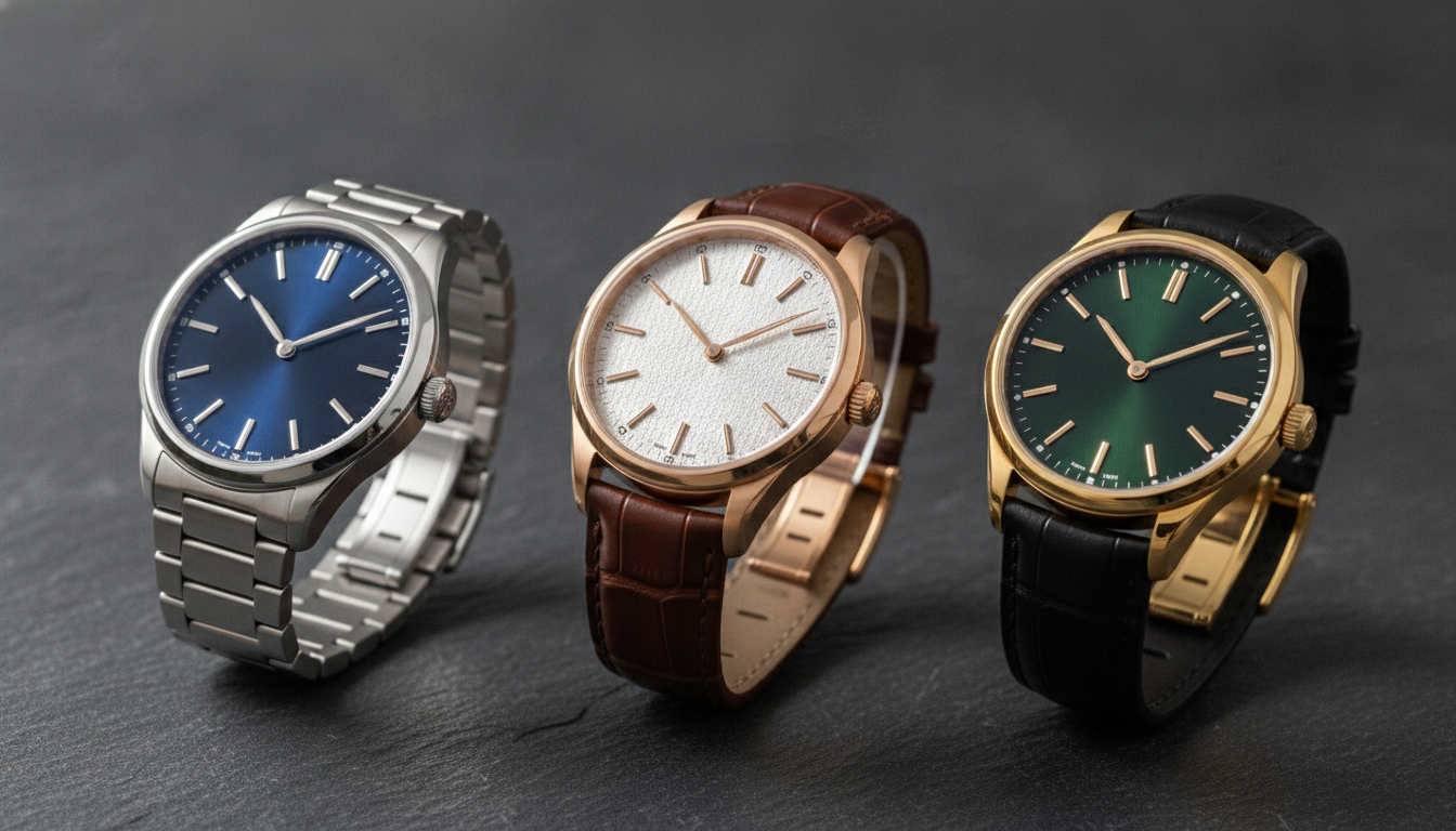 Three luxury wristwatches displayed in a row on a dark slate surface: stainless