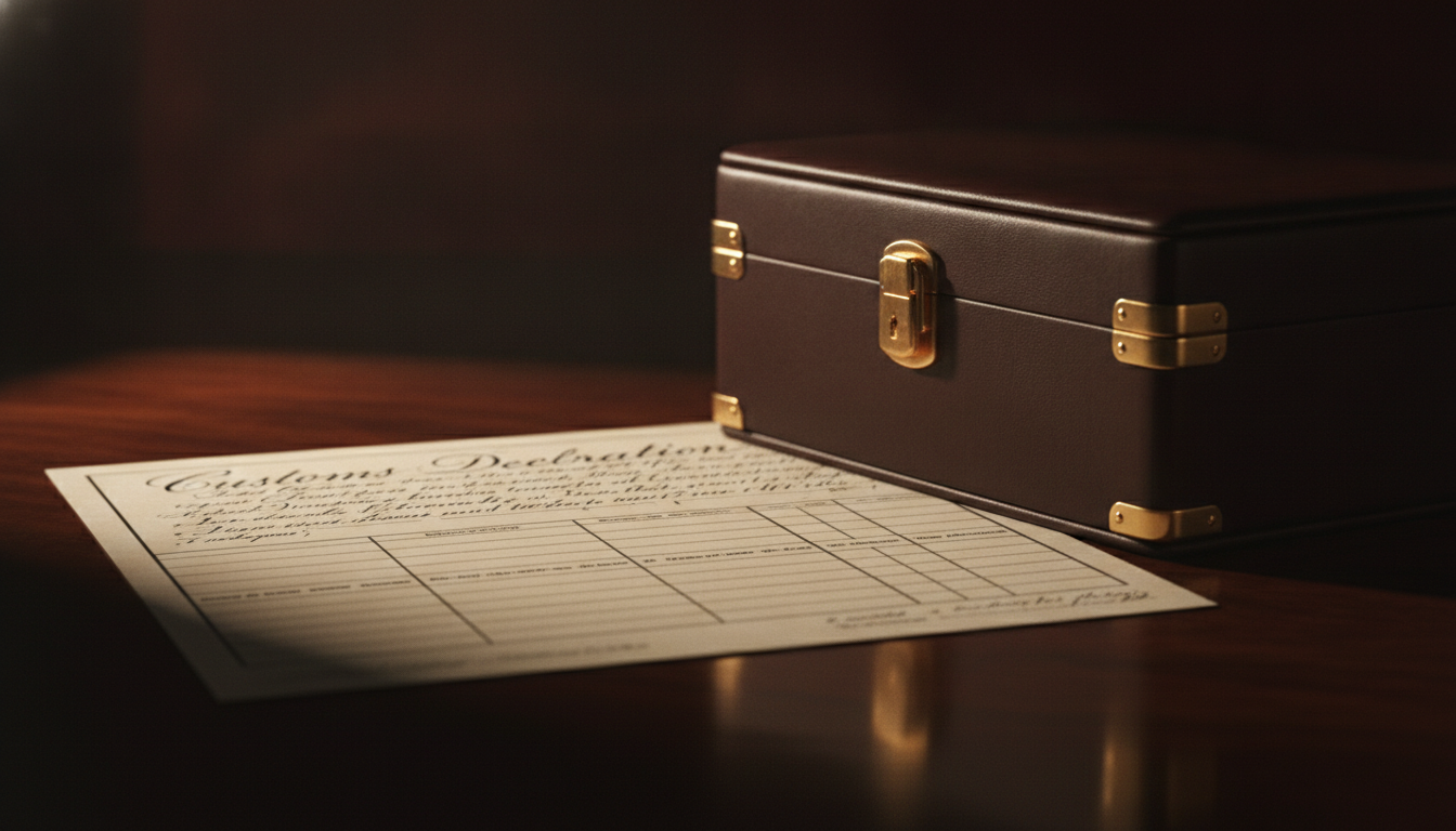 Customs declaration form on a polished dark surface beside a leather watch box w