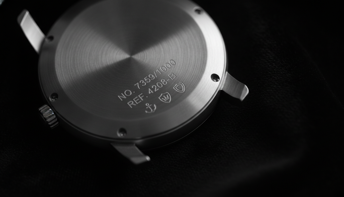 Close-up of an engraved luxury watch caseback on black velvet