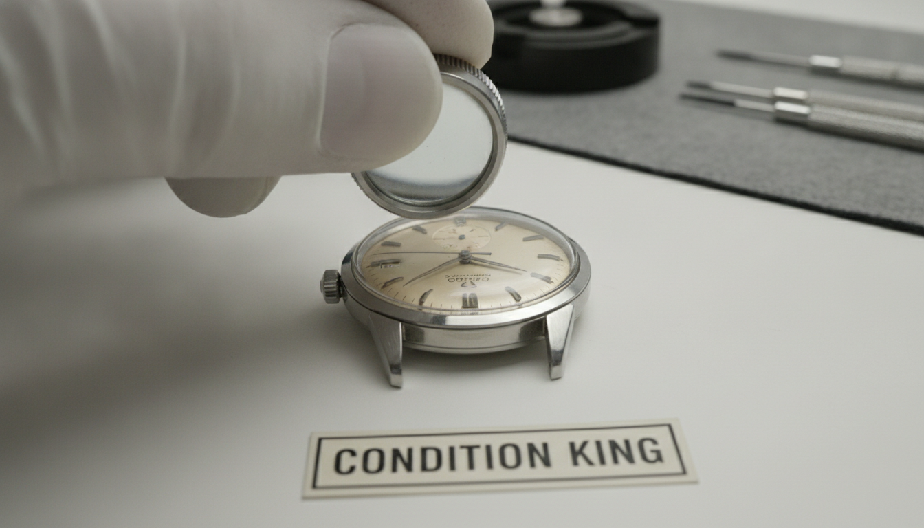 A close-up, detailed shot of a vintage wristwatch being meticulously inspected. A gentle light highlights the sharp, unpolished edges of the watch lugs and the pristine, original dial. A hand, possibly holding a watchmaker's loupe, is carefully examining the watch's surface. The setting is clean and professional, conveying the importance of condition and authenticity in watch grading. Text in image: 'CONDITION KING'.