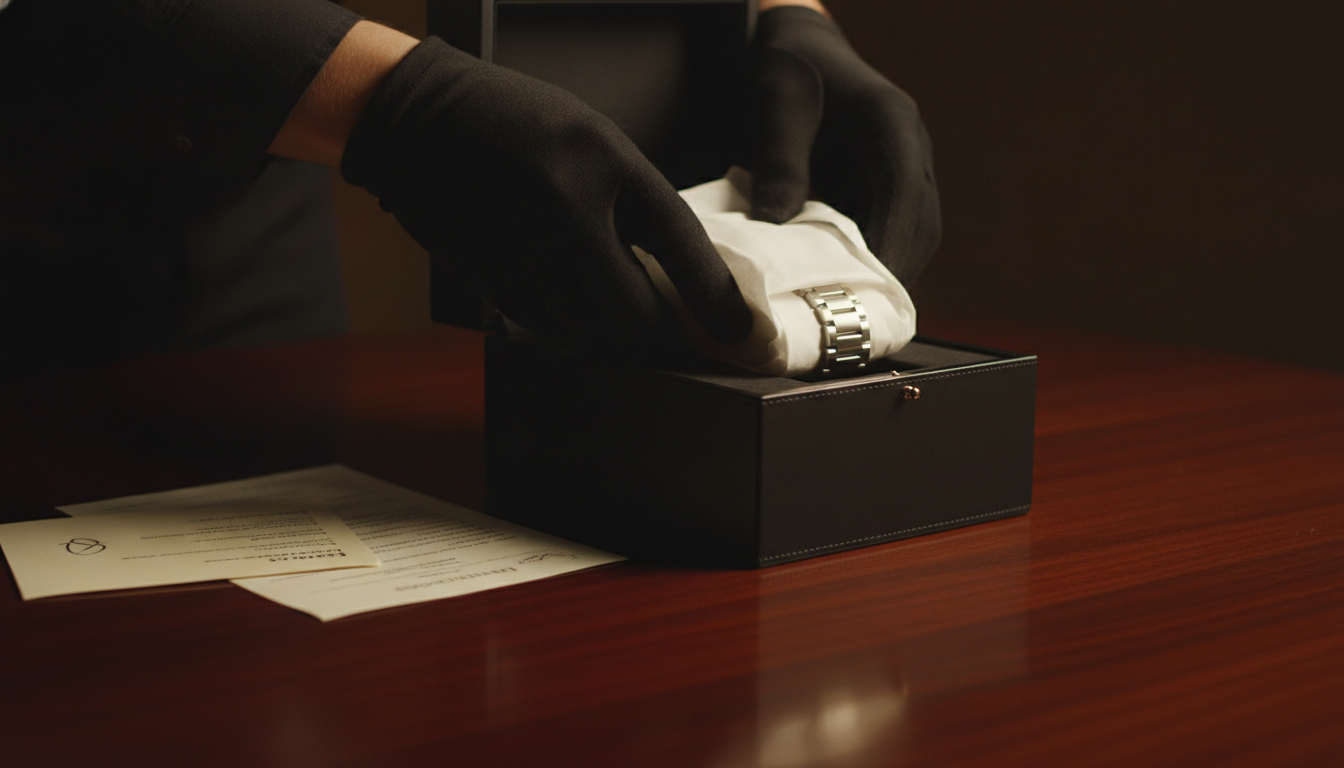 Black-gloved hands carefully placing a tissue-wrapped luxury watch into a fitted
