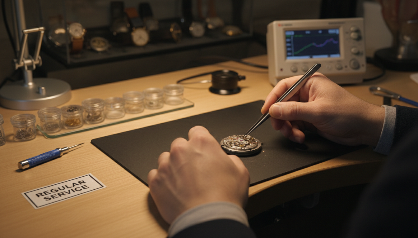 A skilled watchmaker's hands (clean, precise) using specialized tools to service a watch movement on a clean, organized workbench. The image emphasizes professional care and maintenance. The keywords