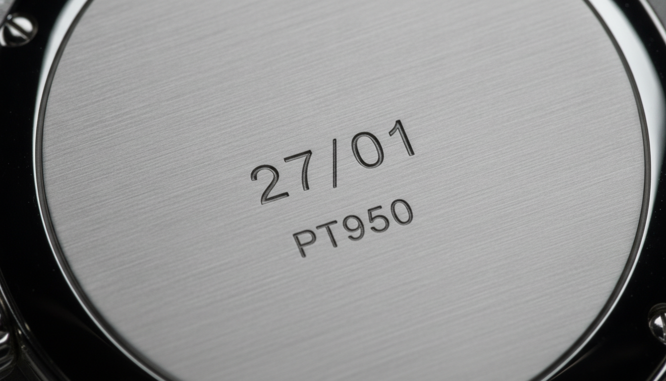 Close-up macro photograph of a brushed platinum watch caseback engraved with the