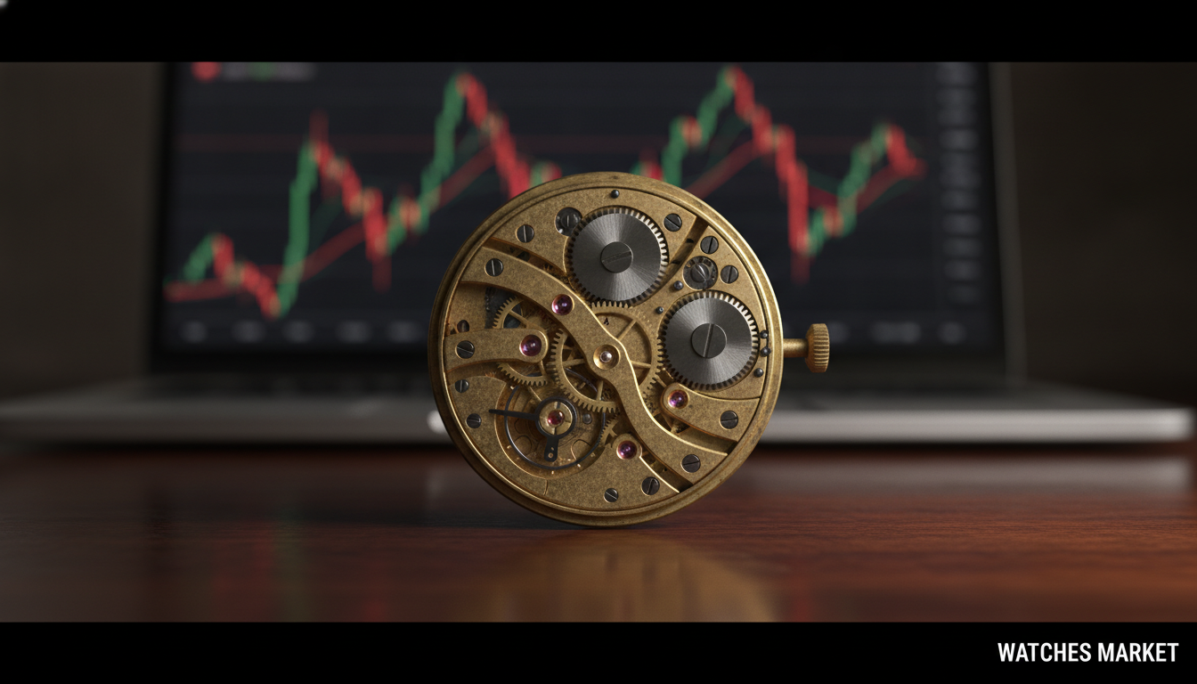 A professional, cinematic close-up shot of a complex, vintage brass watch movement with intricate gears and rubies, sitting on a dark wooden desk. In the background, out of focus, sits a laptop screen displaying a volatile financial stock chart. The lighting is moody and dramatic, highlighting the contrast between artisanal craftsmanship and raw market greed. The composition is elegant and sophisticated, conveying a sense of high-stakes tension. A subtle, clean text overlay in the corner reads 'WATCHES MARKET'.