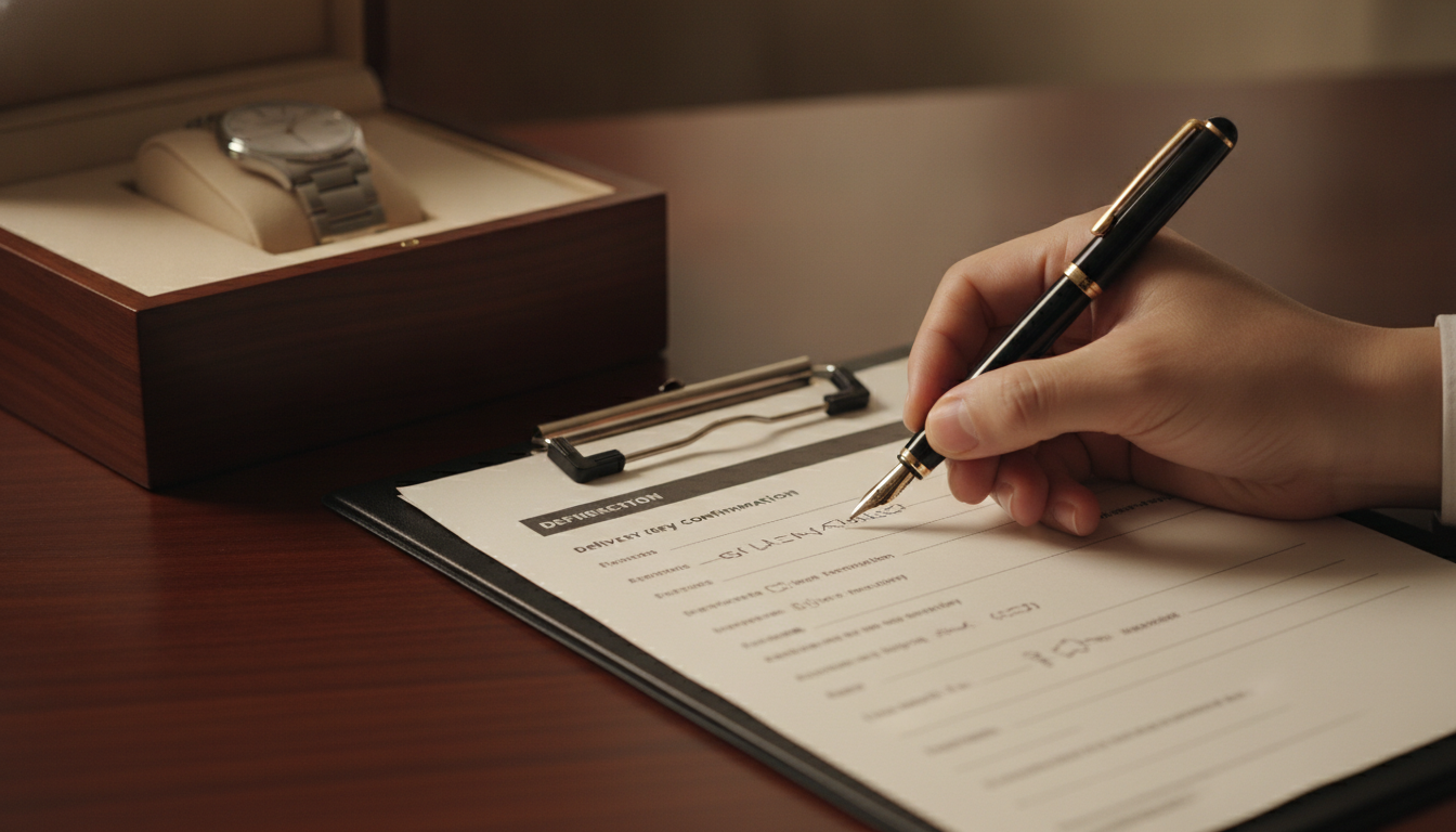 Close-up of a hand signing a delivery form on a leather clipboard beside an open