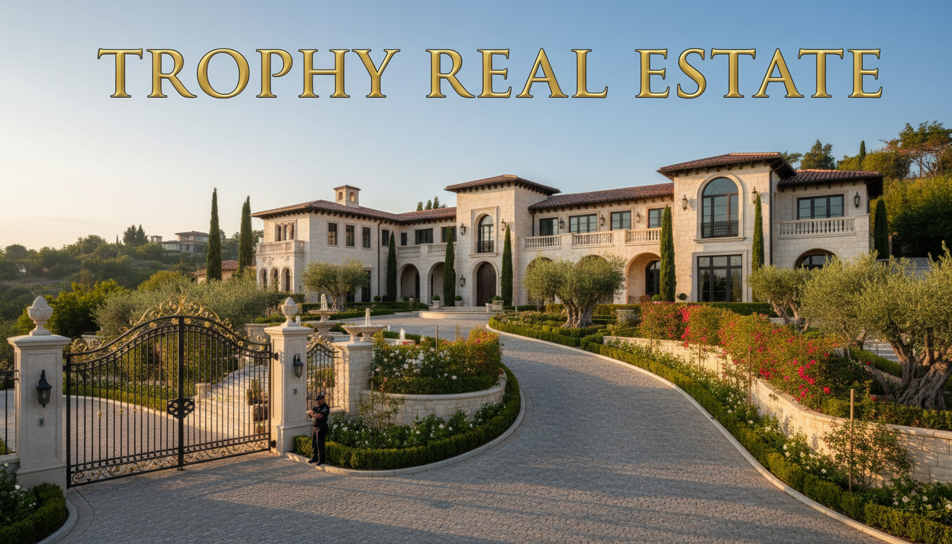 An imposing, elegant luxury mansion in a sunlit, prestigious location (e.g., inspired by Beverly Hills architecture), surrounded by lush landscaping, conveying a sense of security, exclusivity, and enduring value. The visual should feel aspirational and strong, like a fortress for wealth. Text overlay: TROPHY REAL ESTATE.