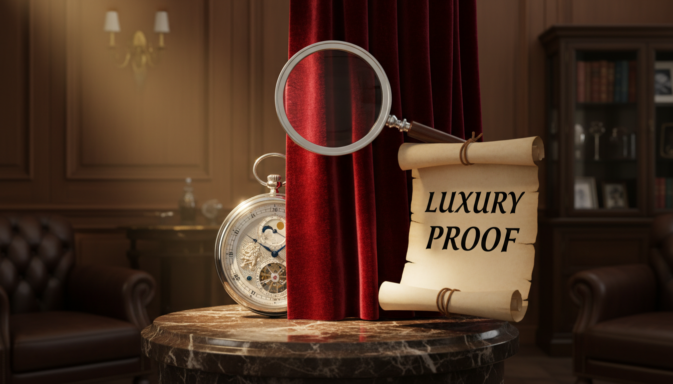 A luxury item half-shrouded in velvet, half-illuminated under a magnifying glass, symbolizing the shift from mystique to verified transparency.