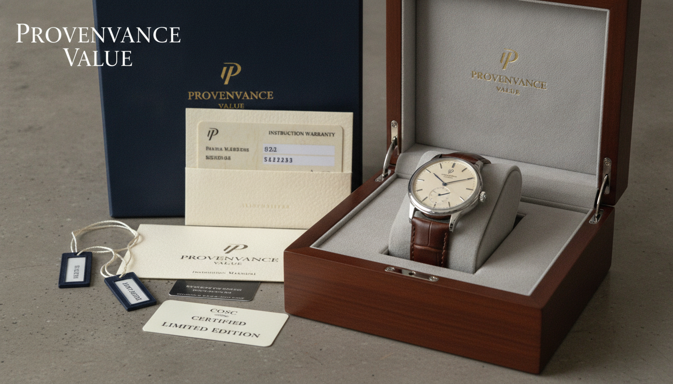 An elegant, classic wristwatch displayed prominently alongside its full set of original accompanying materials. This includes a luxury watch box (inner and outer), official warranty cards, instruction manuals, and hang tags, all neatly arranged on a refined, neutral surface. The composition emphasizes the importance of a complete set for authenticity and added value. Text in image: 'PROVENANCE VALUE'.