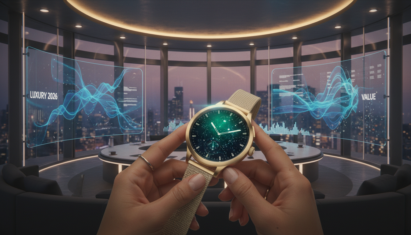 A highly detailed, ultra-realistic image depicting the essence of 'Luxury Market Trends 2026'. Visualize a serene yet dynamic scene: In the foreground, a pair of elegant, diverse hands gently cradle a sophisticated, minimalist luxury object (e.g., a sustainable, custom-crafted smart watch or an artisanal piece of jewelry that blends traditional craftsmanship with futuristic design). This object should glow softly, symbolizing redefined value and innovation. The background features a sleek, futuristic boardroom or observatory with large, translucent screens displaying abstract, flowing data visualizations that hint at market volatility and global economic shifts, yet maintaining an aura of controlled elegance. Soft, ambient lighting bathes the scene, highlighting premium textures and materials. Large, minimalist text subtly integrated into the environment reads: 'LUXURY 2026', 'VALUE', 'VOLATILITY'.