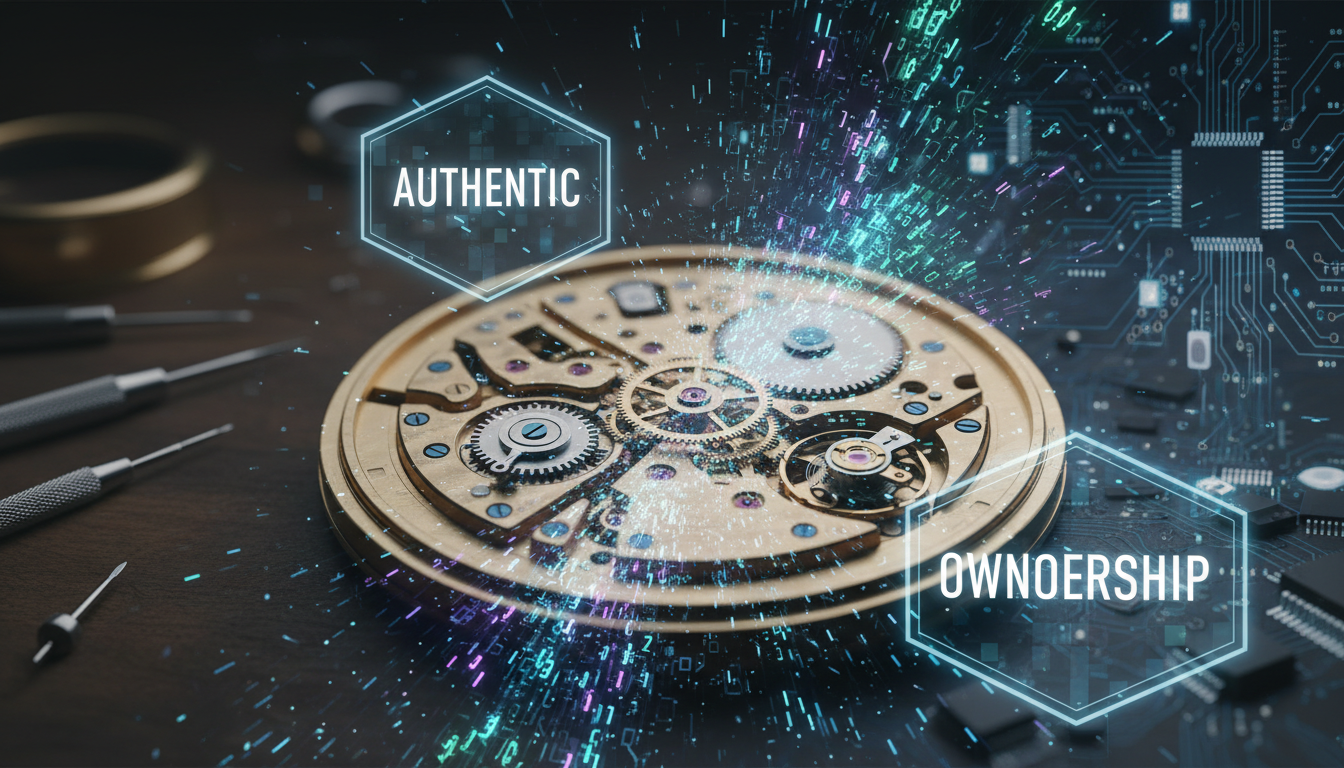 A breathtaking macro shot of an intricate mechanical watch movement, gears and springs gleaming, partially dissolving into a vibrant, ethereal cloud of glowing digital data streams and blockchain nodes. Holographic projections of immutable digital certificates float around the watch, signifying 'AUTHENTIC' and 'OWNERSHIP' in large, elegant futuristic fonts. The background is a sophisticated blend of traditional horological tools and glowing circuit board patterns, emphasizing the seamless integration of heritage craftsmanship with digital ledger technology for new ownership models.