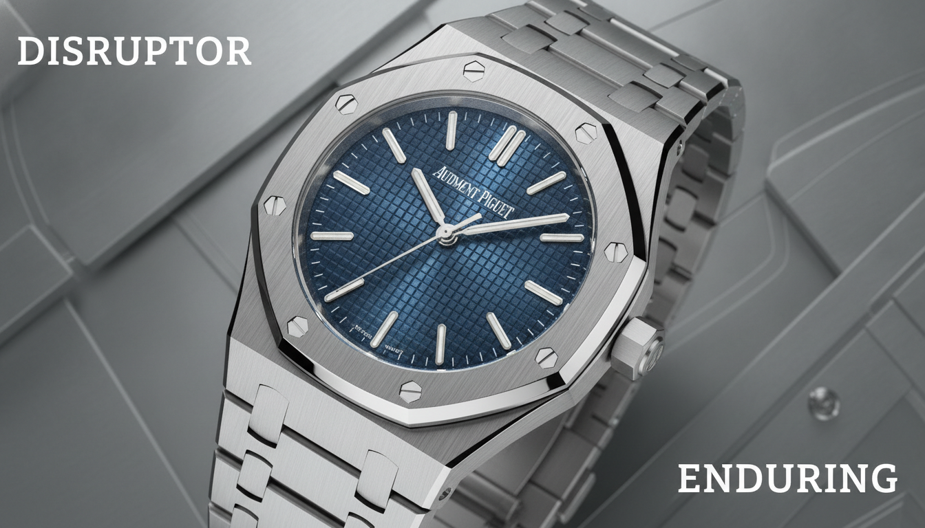 A realistic, detailed Audemars Piguet Royal Oak watch, showcasing its distinctive octagonal bezel and integrated bracelet, set against a subtle, textured background that conveys both innovation and timeless elegance. Text overlay: 'DISRUPTOR' and 'ENDURING' in modern, bold fonts. Classic, non-futuristic aesthetic.