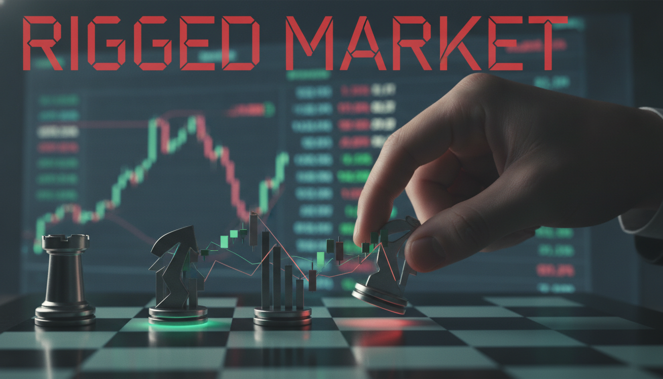 A close-up of a person's hand subtly moving a pawn on a chessboard where the pieces are abstract representations of stock market elements, like price charts and candlesticks. A digital interface with fluctuating market data is visible in the background, hinting at manipulation. The atmosphere is tense and strategic. Text overlay: 'RIGGED MARKET'. Realistic style, focusing on financial manipulation.