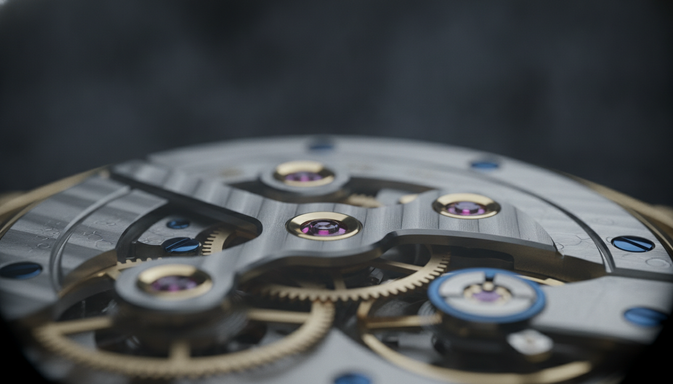 Extreme macro of a high-grade watch movement showing hand-beveled anglage, ruby jewels in chatons, perlage, and blued screws under controlled directional lighting.