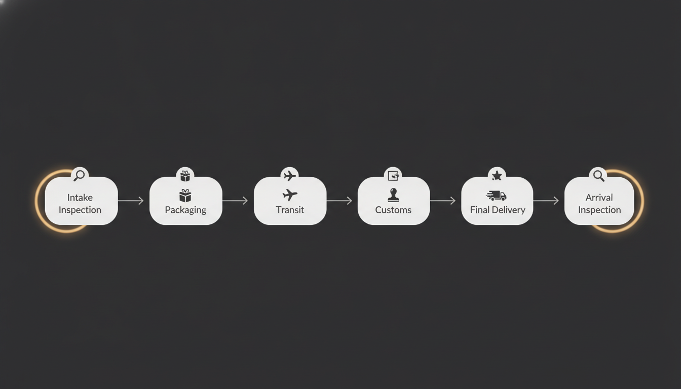Linear infographic showing six sequential nodes from intake inspection to arriva