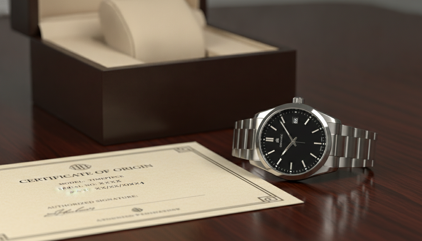A luxury wristwatch placed beside an open presentation box and a formal certific