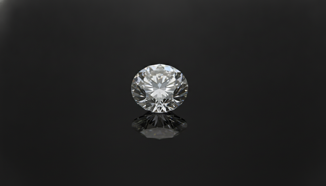 Loose round brilliant diamond resting on a dark reflective surface with a soft d