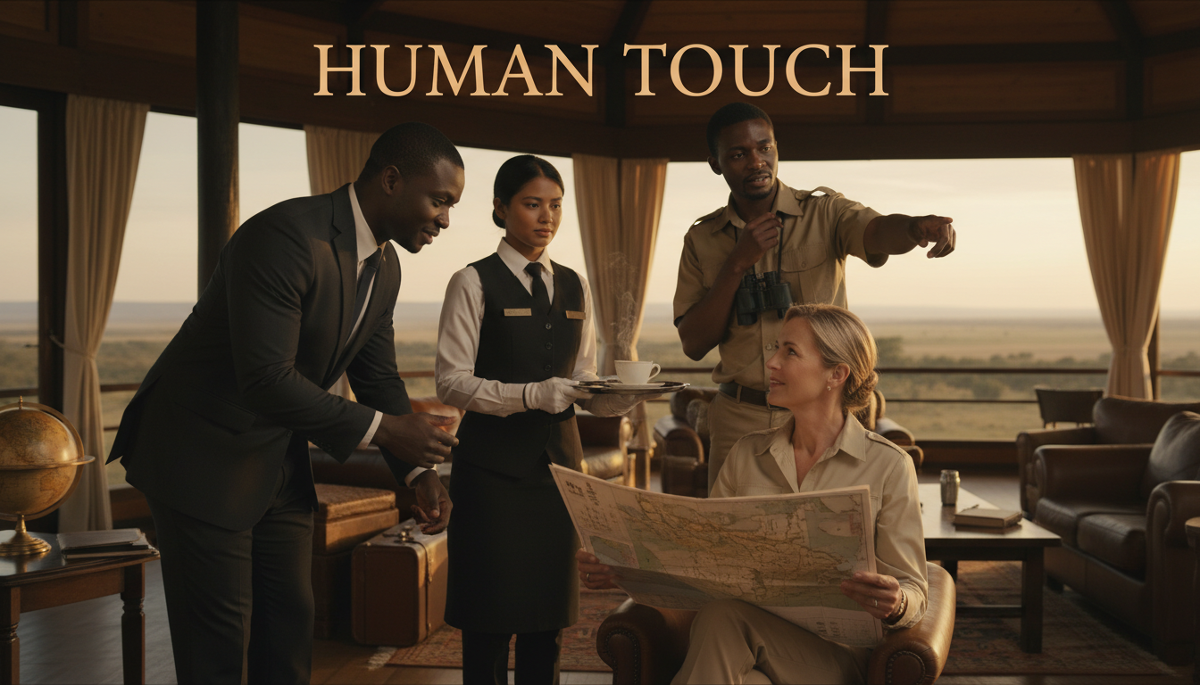 A cinematic, warm-toned image showing a diverse group of highly professional and attentive service staff, including a concierge, a butler, and a safari guide, interacting with a client.