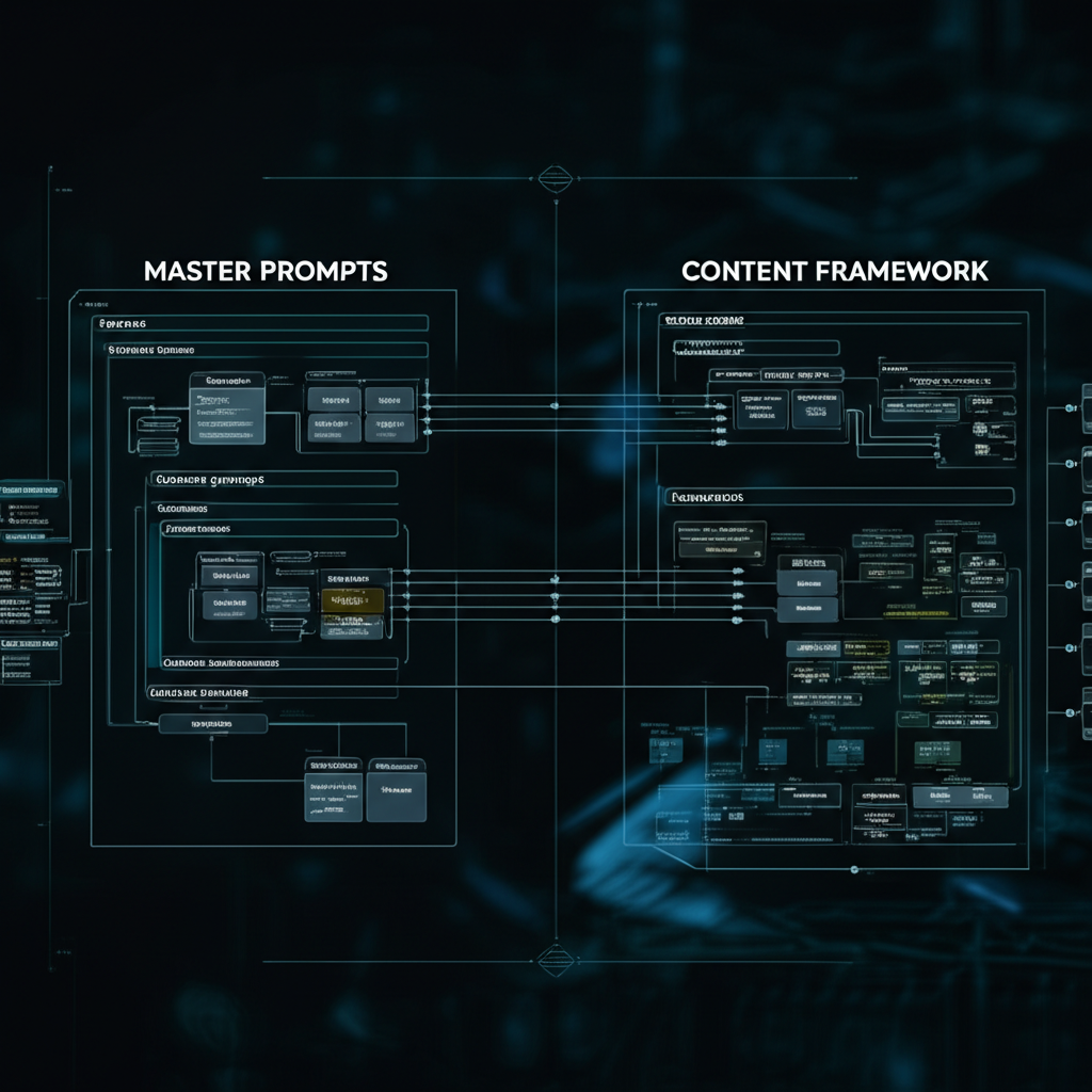 An intricate blueprint illustration of a strategic content engine for master prompts and content frameworks.