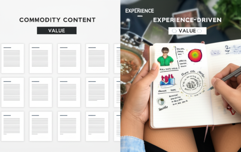 A visual metaphor depicting a clear shift in content strategy from generic, commodity content to unique, experience-driven content.