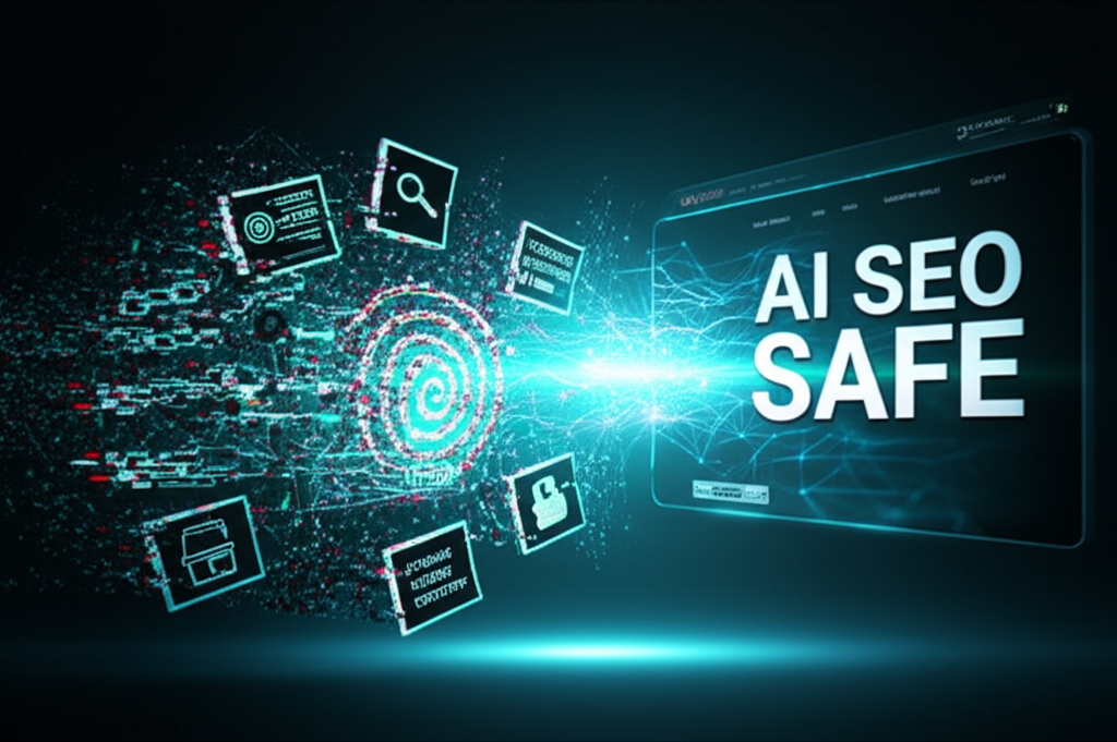 A dynamic, high-tech digital illustration. In the foreground, seven distinct, abstract representations of critical SEO mistakes are depicted as chaotic, glitching digital constructs: broken links, keyword stuffing spirals, unoptimized content blocks, slow loading bar, irrelevant search bubbles, missing local tags, and duplicate content shadows. These elements are being actively dissolved and repelled by a luminous, benevolent AI entity, visualized as interconnected neural networks and data streams, radiating electric blue and green light. In the background, a pristine, modern digital agency website interface glows with perfect optimization, untouched by the chaos. The overall scene emphasizes AI's proactive problem-solving. Large, bold, futuristic text overlays: "AI SEO" and "SAFE".