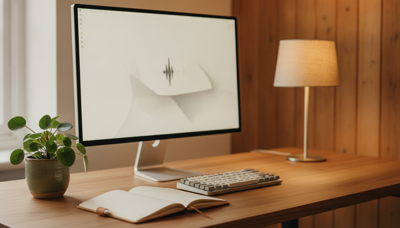 Close-up of a daily-use desk setup showing a monitor at eye level, mechanical ke