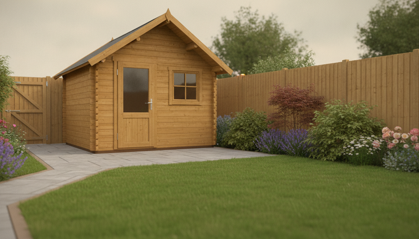 A completed Nordic log cabin set on a paved patio in a typical small UK back gar
