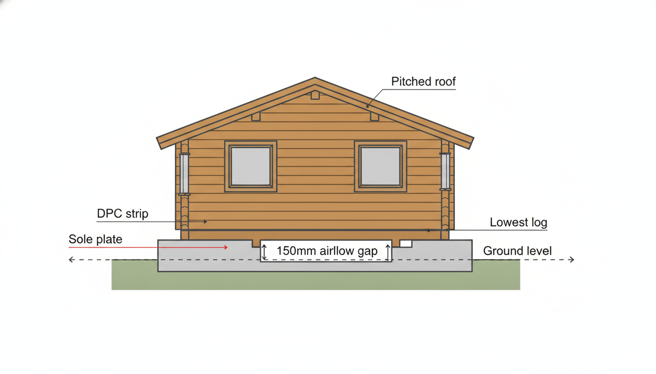 Cross-section diagram of a log cabin on a raised base showing the 150mm airflow