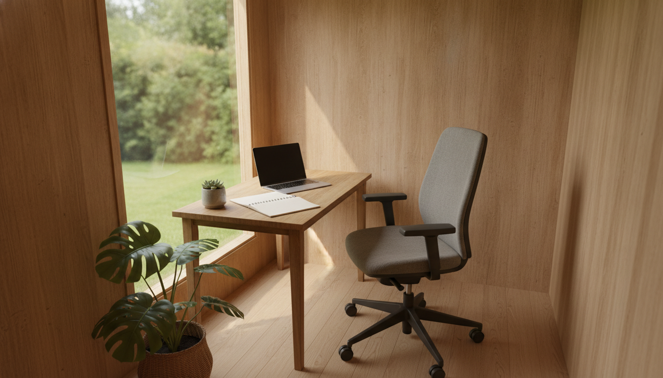 Daily-use garden office interior with wooden desk positioned perpendicular to a 