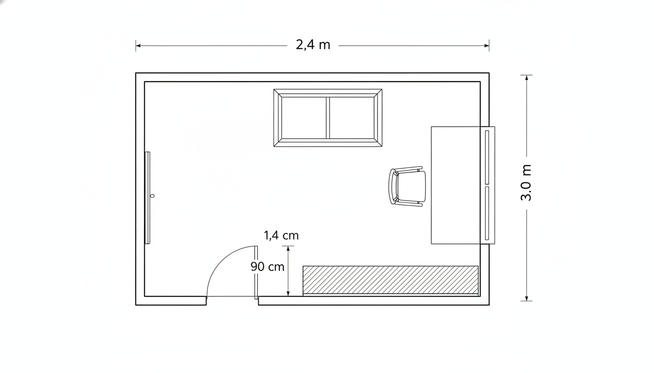 Top-down floor plan of a 2.4 m by 3.0 m garden office showing a desk perpendicul